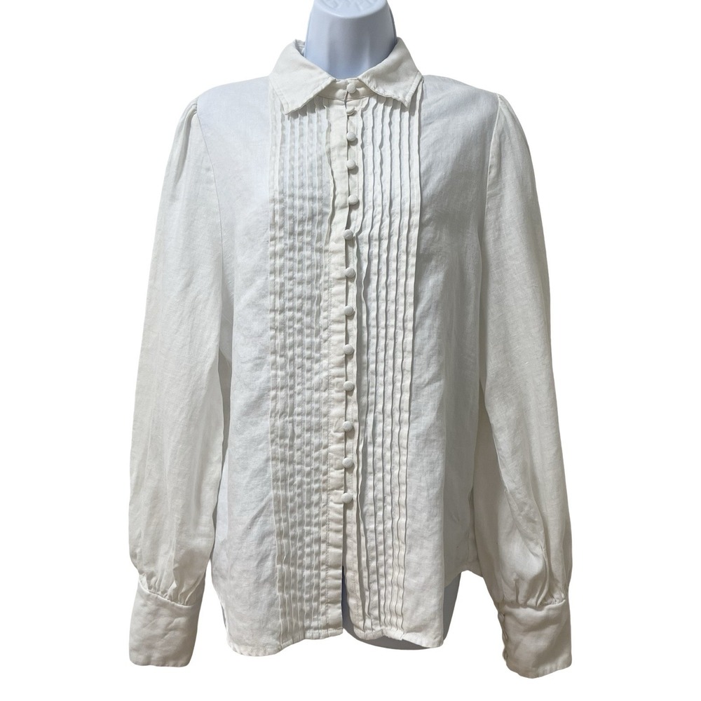 Dissh Womens Linen Nelly Pintuck Long Sleeve Blouse Size 4 White Feminine FLAWS‎
